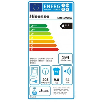 Hisense DH5S902BW Στεγνωτήριο 9kg A+++ με Αντλία Θερμότητας